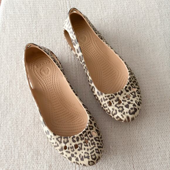 Crocs Cream + Brown Cheetah Print Kadee Ballet Flat Shoe Size 10 Animal Print - Picture 7 of 7